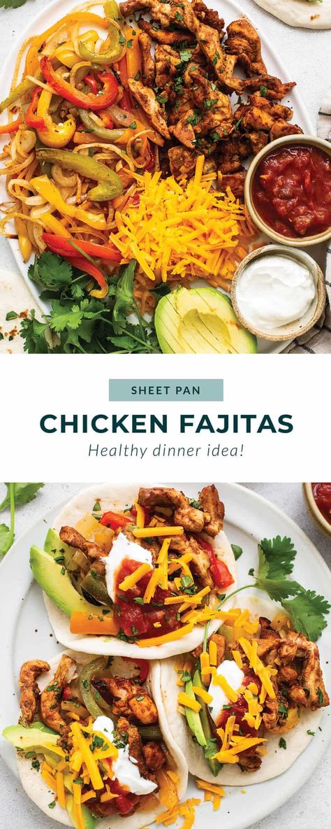 Sheet Pan Chicken Fajitas with less than 10 ingredients! This is made with chicken thighs, peppers and onions, and homemade fajita seasoning. Chicken Thigh Fajitas, Fajita Seasoning Recipe, Chicken Rotisserie, Sheet Pan Chicken Fajitas, Fajita Spices, Week Meals, Sheet Pan Meals Chicken, Food Thoughts, Fajita Marinade