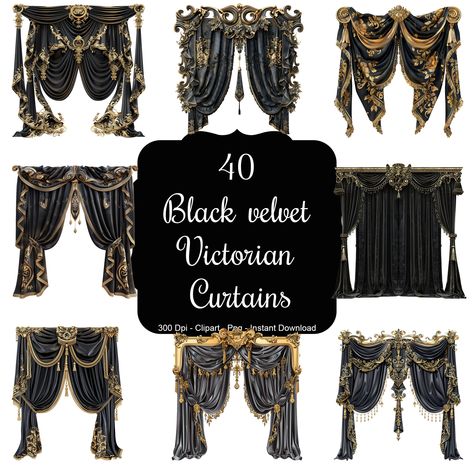 Victorian Gothic Office, Goth Curtains, Victorian Window Treatments, Gothic Curtains, Fancy Shower Curtains, Luxury Drapery, Victorian Style Decor, Luxurious Curtains, Victorian Curtains