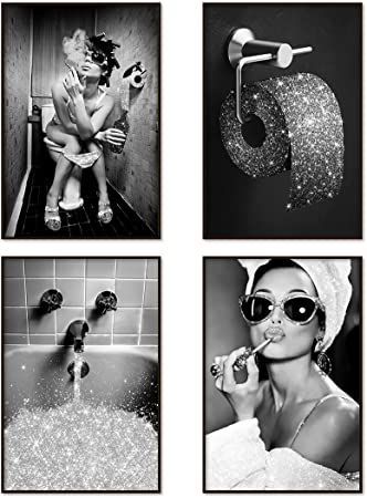 Modern Fashion Women, Glitter Bathroom, Pictures For Bathroom Walls, Artwork For Wall, Glam Bathroom, Bathroom Decor Wall, Eclectic Wall Decor, Gallery Wall Art Prints, Wall Art Set Of 4