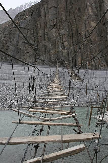 Rope Suspension Bridge,   Gulmit, Northern Pakistan Bridges Architecture, Northern Pakistan, Rope Bridge, Dangerous Roads, Pakistan Travel, Bridge Over Troubled Water, Silk Route, Cheap Flight, Cheap Flight Tickets