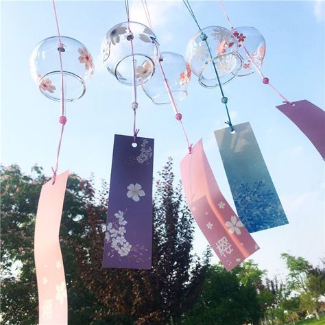 Wind Chime Japanese, Wind Chime Aesthetic, Japanese Glass Wind Chimes, Sakura Decoration, Furin Wind Chimes, Japanese Wind Chimes, Cherry Blossom Pattern, Wind Chimes Craft, Wind Bell