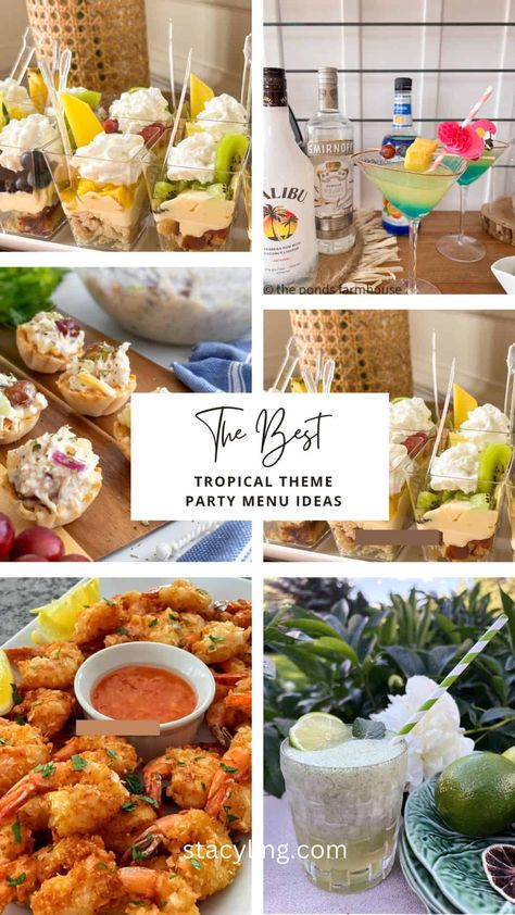 Looking for tasty recipes for a tropical theme party? Wait until you try these insanely good summer-inspired menu ideas. Summer Christmas Menu Ideas, Tropical Theme Food Ideas, Tropical Menu Ideas, Margaritaville Food Ideas, Christmas Luau Party Ideas, Tropical Food Ideas Party, Party Food Ideas Easy, Caribbean Theme Party, Luau Christmas