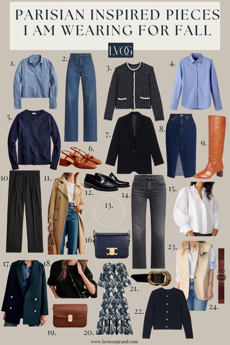 Graphic of 24 pieces of clothing Parisian Fall Capsule Wardrobe, French Street Style Fall, Netherlands Outfits, Parisian Chic Style Fall, Fall Parisian Style, European Fall Fashion, French Fall Fashion, Parisian Style Fall, Parisian Fall Outfits