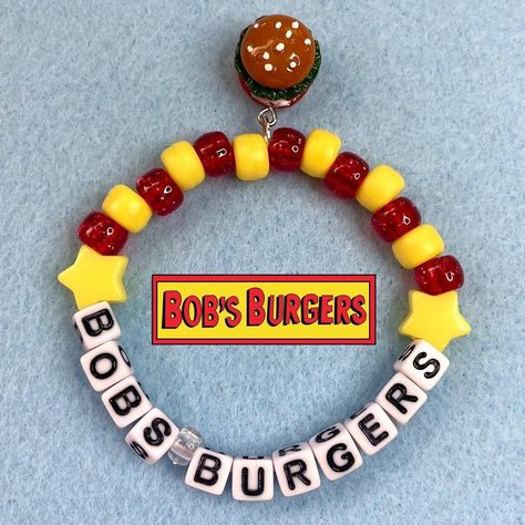 Bobs Burgers Kandi Single Bracelet   - handmade by... - Depop Diy Bobs Burgers, Single Kandi Ideas, Spongebob Kandi, Kandi Ideas Words, Kandi Ideas Singles, Kandi Singles Ideas, Arcade Carpet, Kandi Inspiration, Kandi Singles