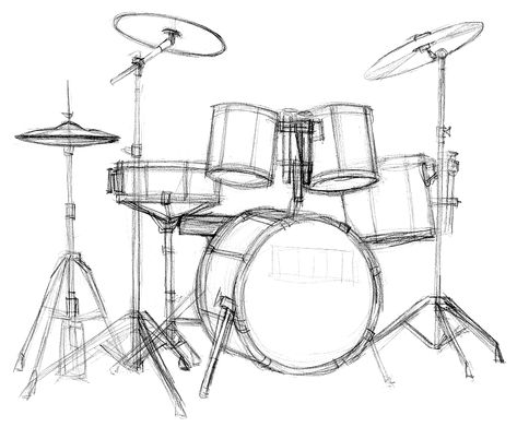 Drum Drawing Reference, Drum Sketch Drawings, Drummer Pose Reference Drawing, Drumkit Drawing, How To Draw Drums, Drummer Reference Drawing, Drumset Drawings, Drum Kit Drawing, Drums Drawing Reference