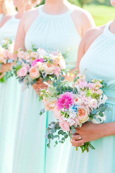 Hoco Bouquet, Mint Green Bridesmaids, Wedding Theme Color Schemes, Wildflower Wedding Theme, Light Blue Bridesmaid Dresses, Wedding Mint, Light Blue Bridesmaid, Prom Bouquet, Peach Bridesmaid Dresses