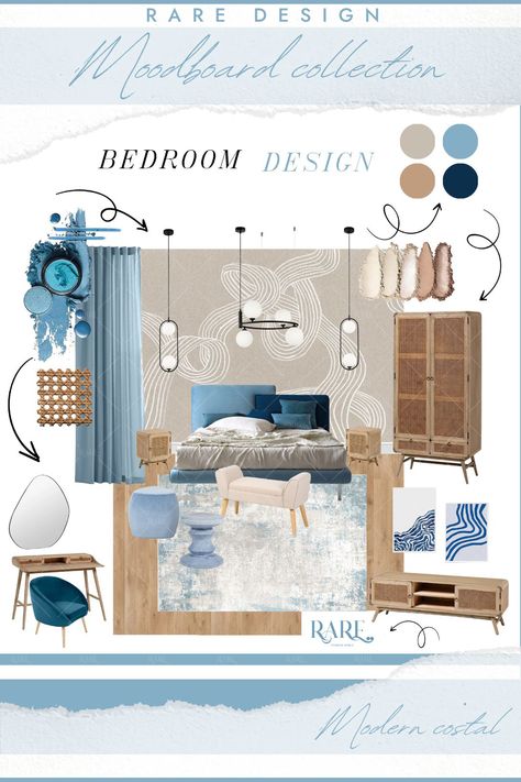 Modern coastal style - bedroom moodboard by @raredesigninterior Follow us for more interior design ideas! #interiordesign #japandi #moderncoastal #scandinaviandesign #home #design #bucharest #bedroom #wallpaper #blue #moodboard #rattan #pendantlights #simple #cozy #raredesigninterior Bedroom Moodboard Interior Design, Bedroom Wallpaper Blue, Moodboard Interior Design, Mood Board Bedroom, Blue Moodboard, Coastal Style Bedroom, Bedroom Moodboard, Mediterranean Interior Design, Deco Marine