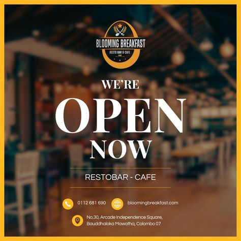 We're now open and ready to serve! 🍽️ Join us at Blooming Breakfast Resto Bar & Cafe - 24 Hours Open to enjoy a feast of flavours. Day or night, we're here to satisfy your cravings! 🌞🌙 #OpenNow #BloomingBreakfast Resto Bar, Open Restaurant, Were Open, Tiktok Ideas, News Cafe, Food Advertising, We're Open, Canva Design, Bar Cafe