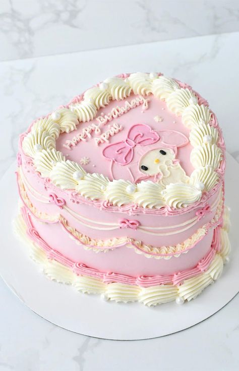 vintage style cake, lambeth cake, my melody birthday cake, buttercream cake, sanrio cake, Sanrio Cake My Melody, My Melody Birthday Cake Ideas, Cute Cakes Designs, Birthday Cake Ideas Hello Kitty, Sanrio Birthday Party Ideas My Melody, My Melody Cake Ideas, Sanrio Heart Cake, Hello Kitty Vintage Cake, My Melody Cakes