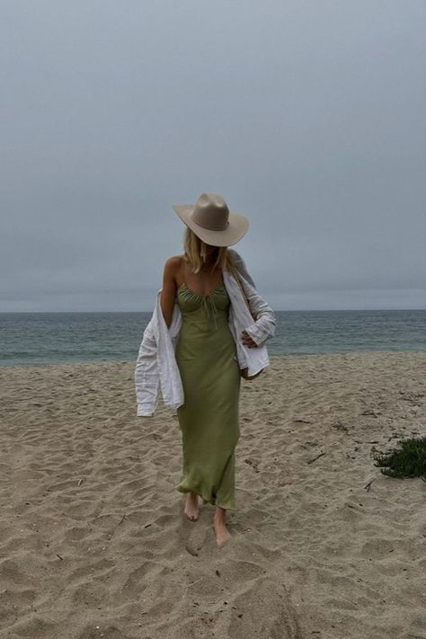 Coastal Cowgirl Outfit, Silk Dress White, Beach Cowgirl, Coastal Cowgirl Aesthetic, Cowgirl Photoshoot, Green Silk Dress, Hamptons Summer, Cowgirl Aesthetic, Artsy Pictures