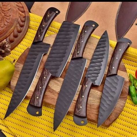 . "5 pcs Chef Knife Set Damascus steel Jet Black hammered kitchen knife set" Master your kitchen with our Damascus Steel Chef's Knife Set. This 5-piece collection features "razor-sharp blades" We bring you this beautiful Handmade Chef Set of 5 pieces. This beautiful Kitchen Knife Set is made by Hand and completely personalization option available. High quality Damascus Steel Razor Sharp Edge Blade Available on custom order . 🌐 Website Coming Soon ✉ DM for Orders & Inquiries #Damoxus #Knives ... Kitchen Knife Set, Website Coming Soon, Chef Knife Set, Knife Set Kitchen, Beautiful Kitchen, Kitchen Knife, Knife Set, Chef Knife, Knife Sets