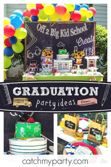 Check out this fun pre-k graduation party! The table settings are  awesome! See more party ideas and share yours at CatchMyParty.com #catchmyparty #partyideas #graduationparty #endofschool Kindergarten Graduation Party Ideas Decoration, Tk Graduation Party Ideas, Kindergarten Graduation Table Ideas, Pre K Party Ideas, Pre-k Graduation Party, Prek Graduation Party Ideas, Preschool Graduation Ideas Party, Graduation Party Ideas Elementary School, Pre K Graduation Ideas Decorations