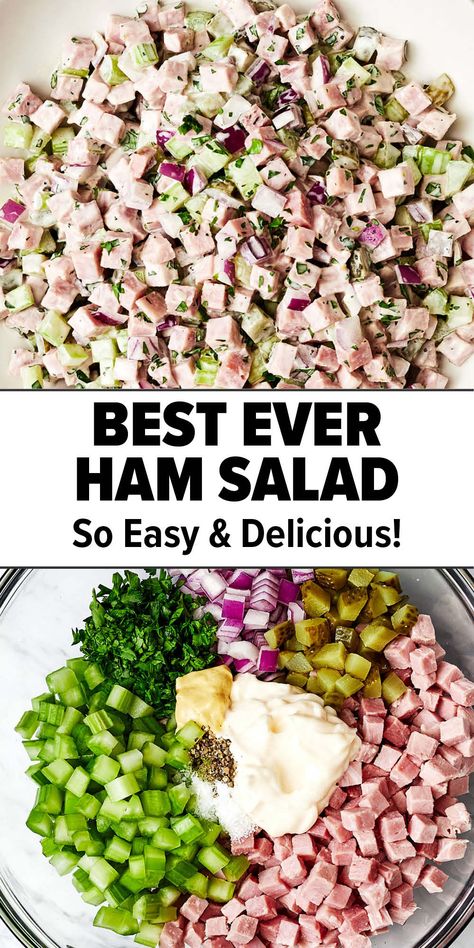 Ham salad recipe Healthy Ham Salad Recipe, Healthy Ham Meals, What To Make With Deli Ham, Keto Ham Salad Recipe, Chopped Ham Salad, Ham Dishes Leftover, Cabbage And Ham Salad, Ham Salad Recipe Easy, Side Dishes To Go With Ham