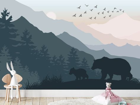 Nursery Wall Mountains, Blue Bear Nursery, Mountain Nursery Mural, Mountain Mural Kids Room, Woodland Wall Mural, Safe Wallpaper, Bedroom Forest, Forest Kids Room, Woodsy Nursery