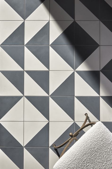 Geometric tiles used to create a unique geometric bathroom tile floor from our Promenade collection. Gray and white bathroom design.   Promenade Decorative Field Tile Dash Geometric Tiles Bathroom, Traditional Bathroom Tile, Bathroom Tile Floor, Geometric Bathroom, Gray And White Bathroom, Encaustic Tiles, White Bathroom Designs, Tiles Ideas, Bathroom Inspiration Modern