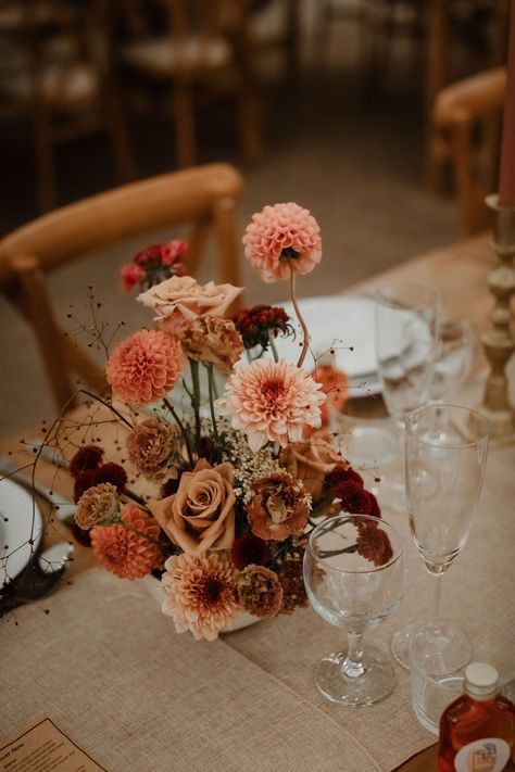 Autumnal wedding flowers positioned using a bowl and floral frog. Rustic wedding table setting with cross back chairs. Caro Weiss Photography Pink Autumn Wedding, Autumnal Wedding Flowers, Bodrum Wedding, Autumn Wedding Table, Autumn Wedding Flowers, Rustic Autumn Wedding, Rustic Wedding Table Setting, Floral Frog, Pink Autumn