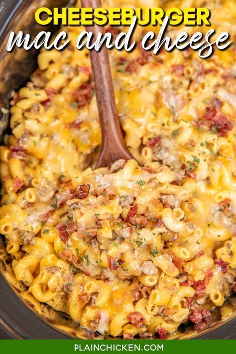 Bacon Cheeseburger Mac and Cheese Recipe - comfort food at its best! Effortless to make with only a few simple ingredients. Uncooked elbow macaroni, evaporated milk, milk, ground beef, bacon, ketchup, mustard, Worcestershire sauce, Montreal steak seasoning, garlic, onion powder, Velveeta, and sharp cheddar cheese. This Crockpot Cheeseburger Macaroni is creamy, cheesy, beefy, and oh-so delicious. Whip this up for a meal the whole family will love! Crockpot Cheeseburger Macaroni, Elbow Macaroni Recipes, Mac N Cheese Crockpot, Crockpot Cheeseburger, Hamburger Mac And Cheese, Beef Mac And Cheese, Cheeseburger Mac And Cheese, Recipes With Velveeta Cheese, Cheeseburger Mac