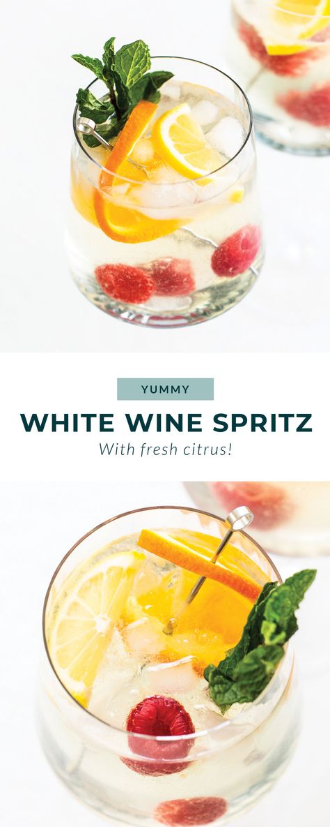 This refreshing white wine spritzer is easy to make at home. You only need 3 ingredients and some colorful garnishes. Raspberry Recipes Easy, White Wine Drink, Spritzer Drink, Homemade Summer Drinks, Wine Spritzer Recipe, White Wine Spritzer, Yummy Summer Cocktails, Spritzer Recipes, Honey Simple Syrup