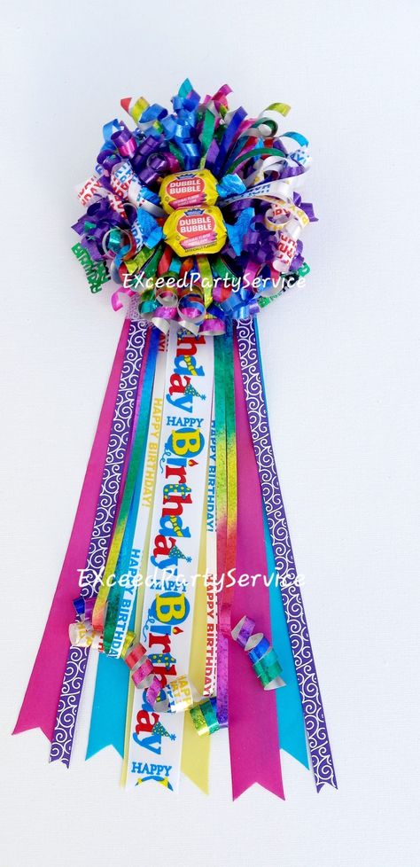 Birthday Candy Curly Ribbon Corsage *Pin on  Candy Corsage Size:  4 inches Wide and 12  inches Long Candy Corsage, Ribbon Corsage, Rain Bow, Graduation Money Gifts, Diy Corsage, Bow Birthday, Candy Birthday Party, Birthday Pins, Tropical Wedding Flowers