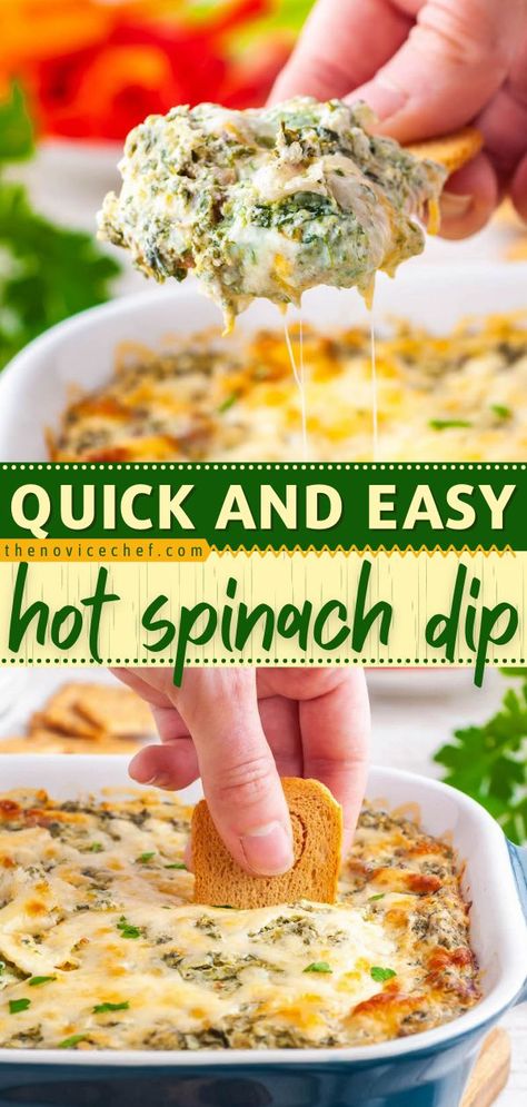 Hot Spinach Dip, game day food, football party Easy Baked Spinach Dip, Game Night Dip Recipes, Creamy Cheesy Spinach Dip, Buffalo Spinach Dip, Spinach Dip Hot Easy, Quick Hot Dips, Quick Spinach Dip, Spinach Cheese Dip Recipe, Hot Veggie Dip