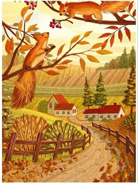 Naive Art Extraordinaire | Good morning everyone ~ Autumn Drawing Aesthetic, Autumn Illustration Wallpaper, Cozy Fall Illustration, Vintage Autumn Illustration, Fall Illustration Art, Vintage Fall Images, Cottagecore Autumn, Autumn Cottagecore, Autumn Country