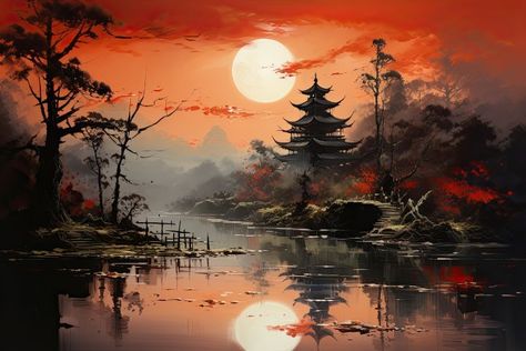 Japanese Fantasy Landscape, Chinese Art Landscape, Dnd Screen, Japanese Landscape Painting, Japanese Landscape Art, Map Ideas, Asian Landscape, Cherry Blossom Trees, Japan Landscape