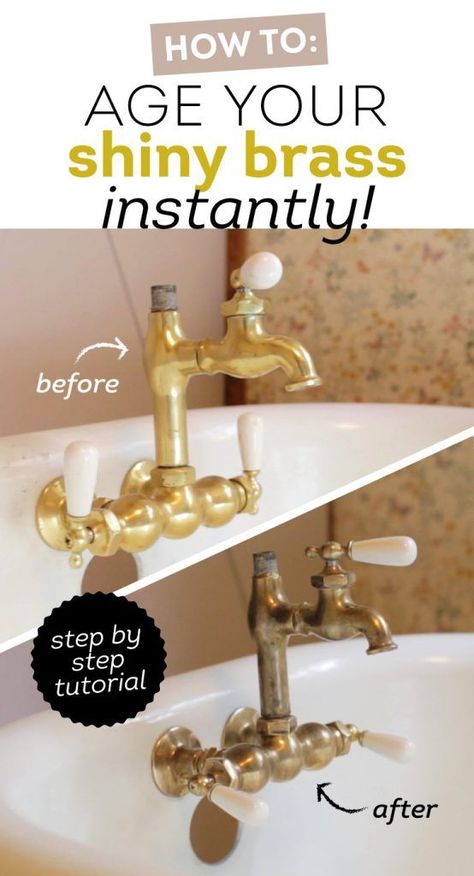 How to age shiny brass instantly! + Cottage House Flip Episode 5 Brass Bathroom Fixtures, House Flip, Jenna Sue Design, Jenna Sue, Brass Bed, Gold Fixtures, Brass Bathroom, Brass Fixtures, Brass Faucet