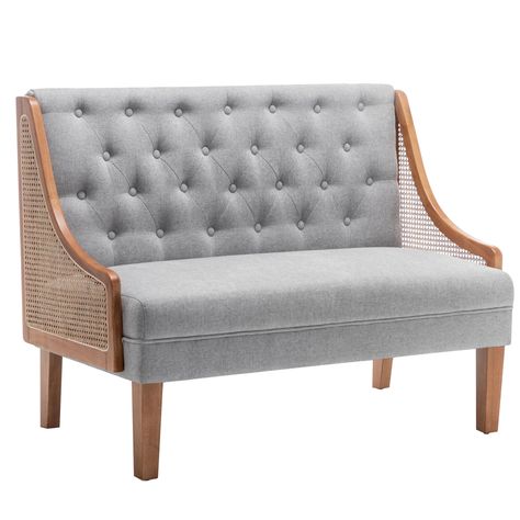 PRICES MAY VARY. The packaging of this settee sofa is 1 box, the arms (the side pieces), legs and hardware are in the body of the seat. Total Size: 48"W x 27"D x 36"H, Seat Size: 48"W x 21"D x 18"H, Weight Capacity: 500 lbs. Mid century modern settee bench with back, adding natural rattan webbing arms, infuse an elegant flair to your decor, ideal for dining room, living room, bedroom, office, guest room, restaurant, coffee house, club. There might be slightly different in color, because of the d Settee At Dining Table, Dining Room Couch Seating Sofas, Banquette Seating Office, Bench Living Room Seating, Dining Room Couch, Upholstered Bench With Back, Mid Century Modern Settee, Modern Settee, Small Sofa Couch