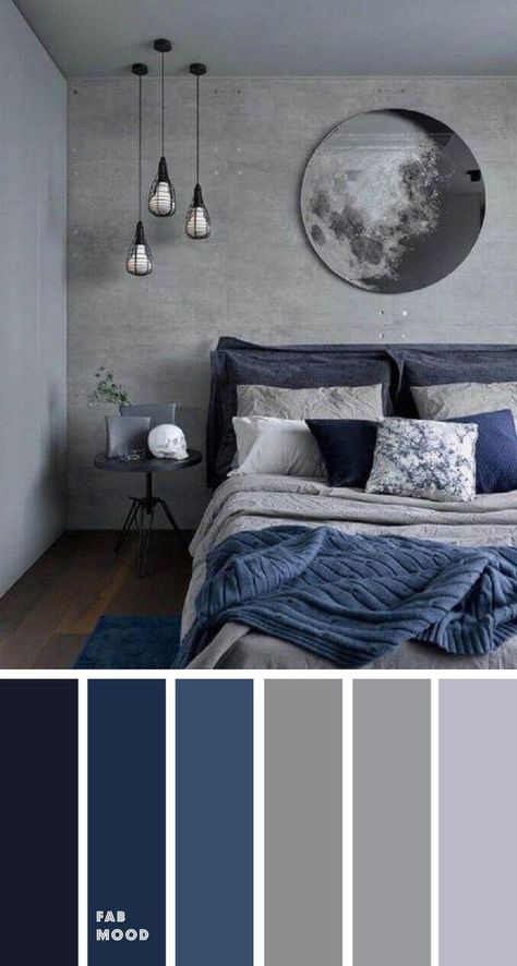 Blue and grey are ideal if you want to create a calm, harmonious bedroom colour scheme     #colour #colourpalette #bedroom #blue #grey #colourscheme #interiors #decor Bedroom Color Schemes Grey, Grey Bedroom Colors, Blue Bedroom Colors, Dark Blue Bedroom, Black Room Decor, Dark Blue Bedrooms, Hiasan Bilik Tidur, Bedroom Colour Palette, Hiasan Bilik