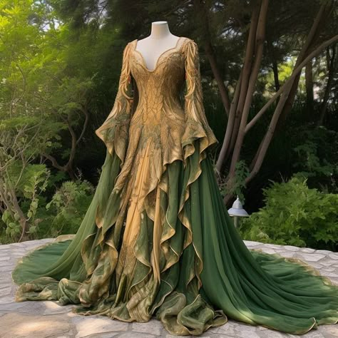 AI Generated Gowns Based On Books The Hobbit Clothes, Hobbit Clothing, Hobbit Dress, Twilight Dress, Elven Queen, Wizard Robes, Forest Clothing, Elven Princess, Elven Dress