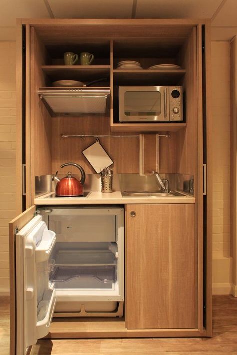 Hotel Kitchenette, Concealed Kitchen, Micro Kitchen, Small Kitchenette, Tiny Kitchen Design, Minimalist Studio, Small Apartment Kitchen, Hidden Kitchen, Tiny House Kitchen