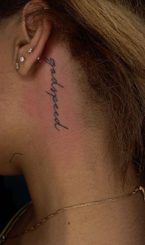 35 Unique Behind the Ear Tattoo Ideas to Inspire You Ear To Neck Tattoos Women, Behind Ear Vertical Tattoo, 1999 Tattoo Behind Ear, Word Ear Tattoo, Under Ear Neck Tattoo, Back Of Ear Tattoos For Women Unique, Beside Ear Tattoo Women, Name Tattoos Behind Ear Tat, Small Tattoo Ideas Neck