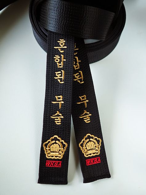 WSKA satin black belts. Thunder Mixed Martial Arts in Korean gungsu. Embroidery thread color is Metallic Gold and Red. #Kataaro #MMA #BlackBelt Arts Aesthetic, Martial Arts Belt, Black Belt Martial Arts, Korean Martial Arts, Martial Arts Belts, Tang Soo Do, Martial Art Uniform, Nice Belts, Hapkido