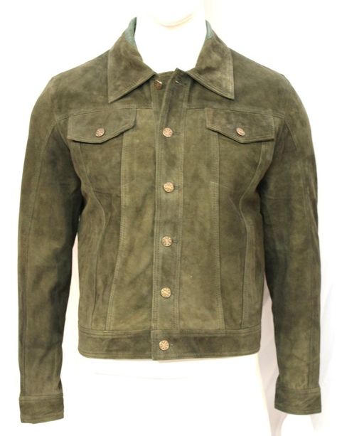 Men's Gents Olive Suede Trucker Stylish Classic Casual Shirt Real Leather Jacket  | eBay Suede Trucker Jacket, Suede Jacket Men, Jean Jacket Styles, Cowboy Jacket, Moda Denim, Green Leather Jackets, Racer Jacket, Biker Shirts, Retro Jacket