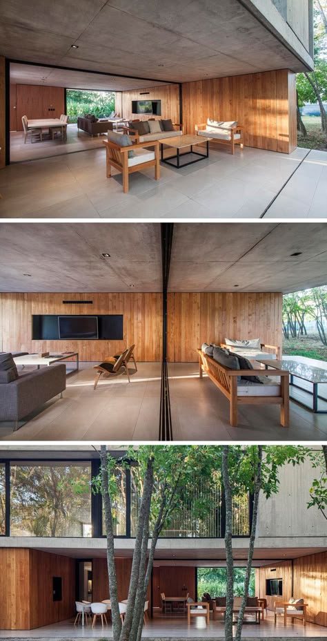 The Bottom Floor Of This Concrete And Wood House Is Almost Completely Open To The Outside Concrete And Wood House, Concrete Ceiling Design, Concrete Interiors, Alfresco Dining Area, Concrete Ceiling, Wood And Concrete, Concrete Houses, Beton Design, Concrete Walls