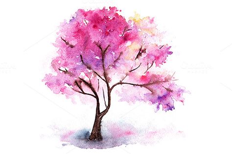 Watercolor single cherry sakura tree by Art By Silmairel on @creativemarket Twitter Accounts, Cherry Blossom Print, Watercolor Paintings For Beginners, Sakura Tree, Cat Air, Seni Cat Air, Pink Trees, 수채화 그림, Lukisan Cat Air