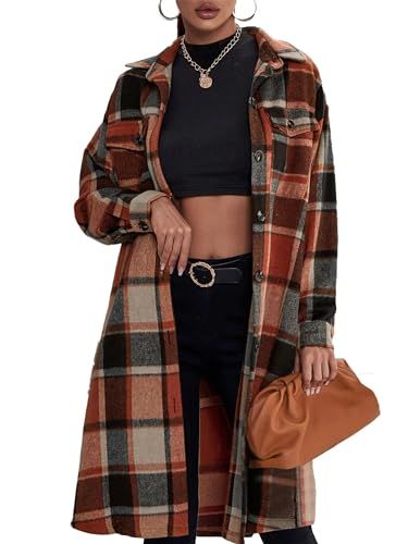 Jhsnjnr Women's Flannel Plaid Shirt Casual Lapel Button Down Long Winter Jacket Shacket Drop Shoulder Coat, Drop Shoulder Shirt, Womens Jackets Casual, Plaid Coat, Casual Vest, Wool Peacoat, Thanksgiving Outfit, Lumberjack, Casual Jacket