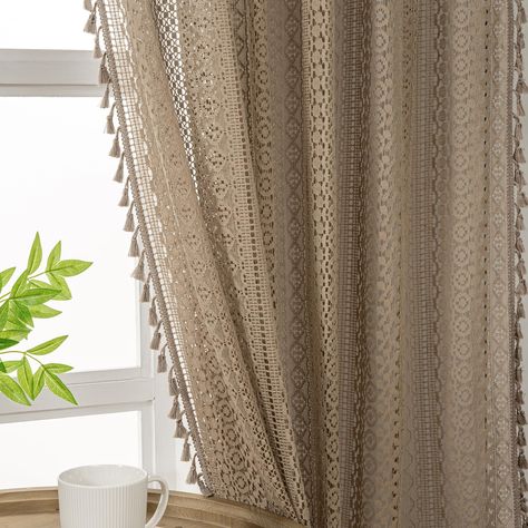 PRICES MAY VARY. Cotton Curtains:The modern living room curtains made from natural 80% cotton and 20% polyester that for creating a natural,comfortable brightly home style for your house by their good breathability,soft touching,burlap textured feature. short drapes have been pre-shrunk, shrinkage rate is not more than 3%, but not hot water washing, not high temperature ironing Crochet Curtains 2 Panels :Sold in 2 panels and 1 pair curtain ties be included.This kitchen curtains 63 inches long wh Taupe Sheer Curtains, Crochet Lace Curtains, Curtains Living Room Modern, Neutral Curtains, Brown Curtains, Dining Room Curtains, Bohemian Curtains, Short Curtains, Curtains For Bedroom