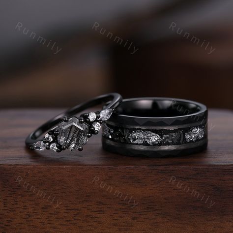 Here we have a Hexagon cut Black Rutilated Quartz Couples Ring Black Gold Matching Ring Set His and Hers Wedding Band Promise Ring For Men For Women ITEM DESCRIPTION ✦ Handmade, high-quality item! ✦ Material: Sterling Silver/Tungsten ►Sold as a two-piece set ►His ring is Black Gold Tungsten Carbide with meteorite and silver foil inlay. ►His band width: 8mm ►His tungsten ring will not turn green itself and will not cause your skin to turn green.  ✦ Durable - Incredibly Scratch-Resistant to always Black Promise Ring For Him, Witchy Wedding Rings Men, Wiccan Wedding Rings, Gothic Wedding Ring Set, Wedding Rings Groom And Bride, Matching Ring Sets For Couples, Black Silver And Green Wedding, Silver And Black Wedding Ring, Viking Wedding Ring Sets