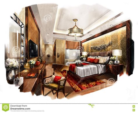 Sketch Perspective Interior Bedroom Into A Watercolor On Paper. - Download From Over 55 Million High Quality Stock Photos, Images, Vectors. Sign up for FREE today. Image: 77028477 Interior Architecture Sketch, Furniture Design Sketches, Interior Design Renderings, Interior Architecture Drawing, Drawing Interior, Interior Design Sketch, Interior Design Drawings, Interior Design Presentation, Interior Design Sketches