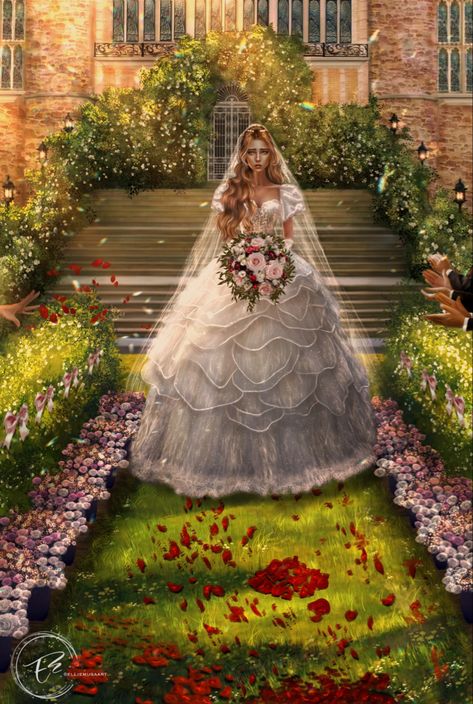 Feyre wedding, spring court, Rhysand, Tamlin, digital art, fanart, art, Feyre archeron, procreate, dress, bookworm, Nesta, wedding, Feyre, illustration, book, acotar, batboys Feyre Wedding Dress, Feyre Wedding, Sarah Maas, Sara J Maas, Roses Book, Feyre And Rhysand, A Court Of Wings And Ruin, Sarah J Maas Books, Weddings By Color