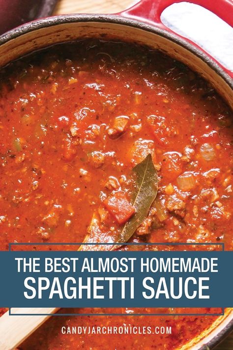 The Best Almost Homemade Spaghetti Sauce is pure comfort. Loaded with vegetables and layers of spices, this sauce will fill your kitchen with the most inviting aroma. It\'s close your eyes and inhale worthy. Give this a try tonight, it\'ll be love at first bite. Veggie Loaded Spaghetti Sauce, Spaghetti Sauce Using Jar Sauce, Prego Spaghetti Sauce Recipe, Prego Sauce Recipe, The Best Spaghetti Sauce, Homemade Spaghetti Sauce Easy, Best Spaghetti Sauce, Homemade Spaghetti Sauce Recipe, Crockpot Spaghetti