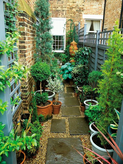 This very narrow space on the side of a townhouse is made more interesting by using an interesting paving pattern with tiles and pea gravel, plus a variety of plants in pots. Very Small Garden Ideas, Taman Diy, Narrow Garden, Jardim Diy, Hgtv Garden, Small Courtyard Gardens, Courtyard Gardens Design, Desain Lanskap, Small Backyard Gardens