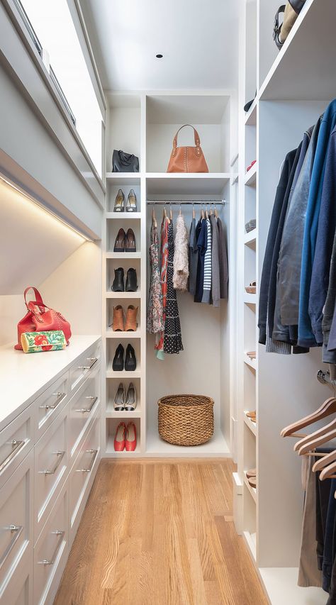 62+ Luxury Walk in Closet ( ORGANIZED LOOK ) - Elegant Closets Small Walkin Closet Ideas Layout, Long Narrow Closet, Small Walkin Closet, Narrow Walk In Closet, Luxury Walk In Closet, Walk In Closet Dimensions, Closet Wallpaper, Ideas Armario, Narrow Closet