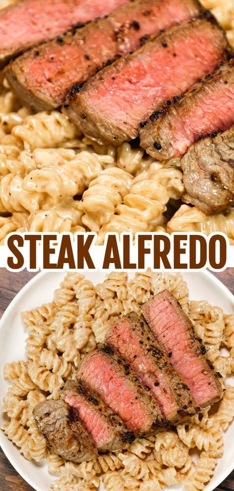 Steak Alfredo is an easy dinner recipe with creamy garlic parmesan pasta topped with tender slices of eye of round steak. New Diner Ideas, Steak And Parmesan Pasta, Dinner Ideas For Steak, Non Pasta Dinner Ideas, Easy Entrees For Two, Easy 4 Person Dinner, Steak Onions And Peppers Easy Recipes, Dinner Ideas With Steakums, Easy Dinner Recipes For Two Steak