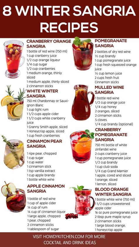 An infographic showcasing 8 Winter Sangria Recipes, including Cranberry Orange Sangria, White Winter Sangria, and Mulled Wine Sangria, perfect for festive gatherings during the cold months. Hot Winter Cocktails, Winter Sangria Recipes, Cold Weather Drinks, Winter Sangria, Homemade Alcohol, Winter Cocktail, Hot Cocktails, Seasonal Fruits, Yummy Alcoholic Drinks