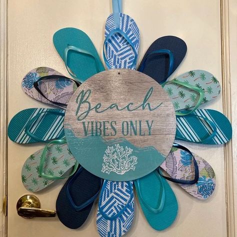 handmade by Martha | Accents | Beach Vibes Only Flip Flop Wreath | Poshmark Baby Rocking Horse, Flip Flop Wreath, Duck Stuffed Animal, Flip Flop Sign, Decorating Flip Flops, Shades Of Blue And Green, Ocean Home Decor, Flip Flop Wreaths, Handmade Ceramic Planters