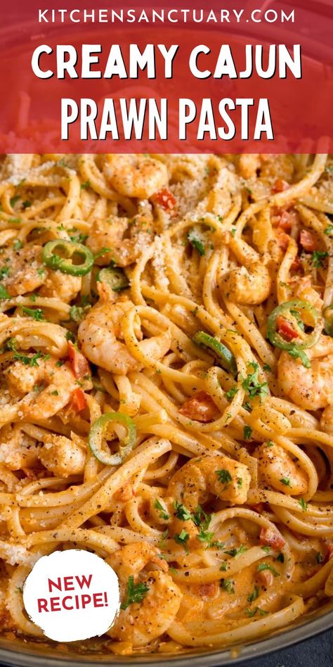 Cajun Prawn Pasta, Creamy Cajun Linguine, Cajun Linguine Pasta, King Prawn Pasta, Spicy Prawn Pasta, Prawn Recipes Pasta, Creamy Prawn Pasta Recipe, Prawn Recipes Healthy, Prawn Dinner Recipes