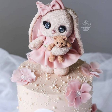 Cake Rabbit, Barbie Dress Cake, Dedication Cake, Bunny Birthday Cake, Fondant Cake Tutorial, Reindeer Cakes, Candy Birthday Cakes, Rabbit Birthday, Baby First Birthday Cake