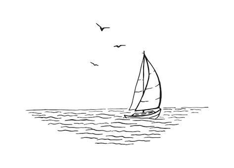 Vector seascape. landscape, sea, sailboa... | Premium Vector #Freepik #vector #sea-drawing #sea #beach-sketch #beach-waves Black And White Beach Drawing, Sea Landscape Drawing, Sea Beach Drawing, Beach Line Drawing, Sea Line Art, Beach Drawing Sketches, Sailboat Sketch, Sea Sketch, Waves Sketch